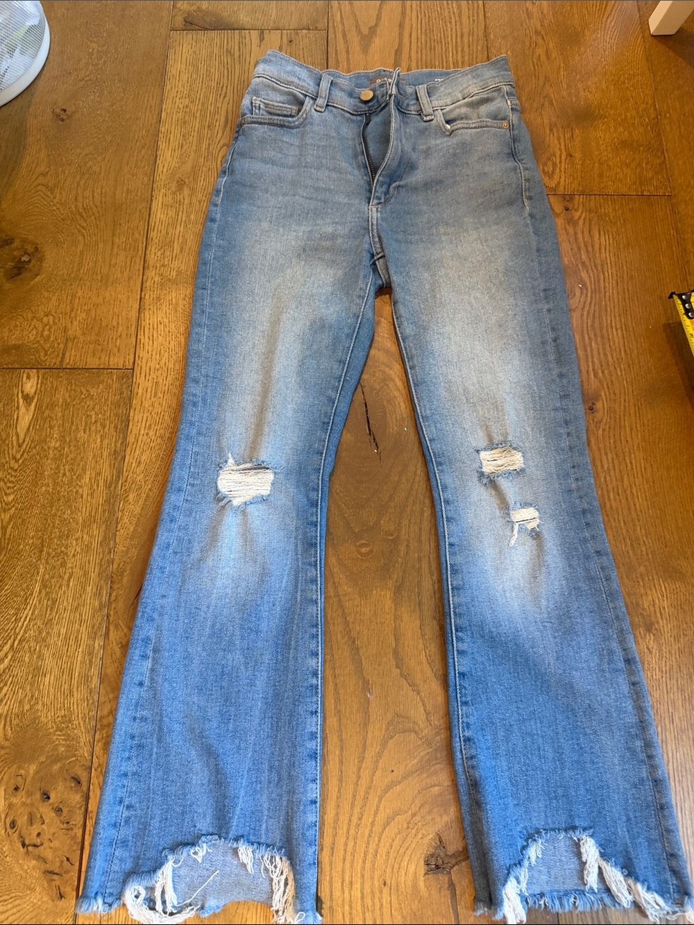 DL1961 Women’s Distressed Blue Jeans - Classic Mid Wash- high rise boot cut 25